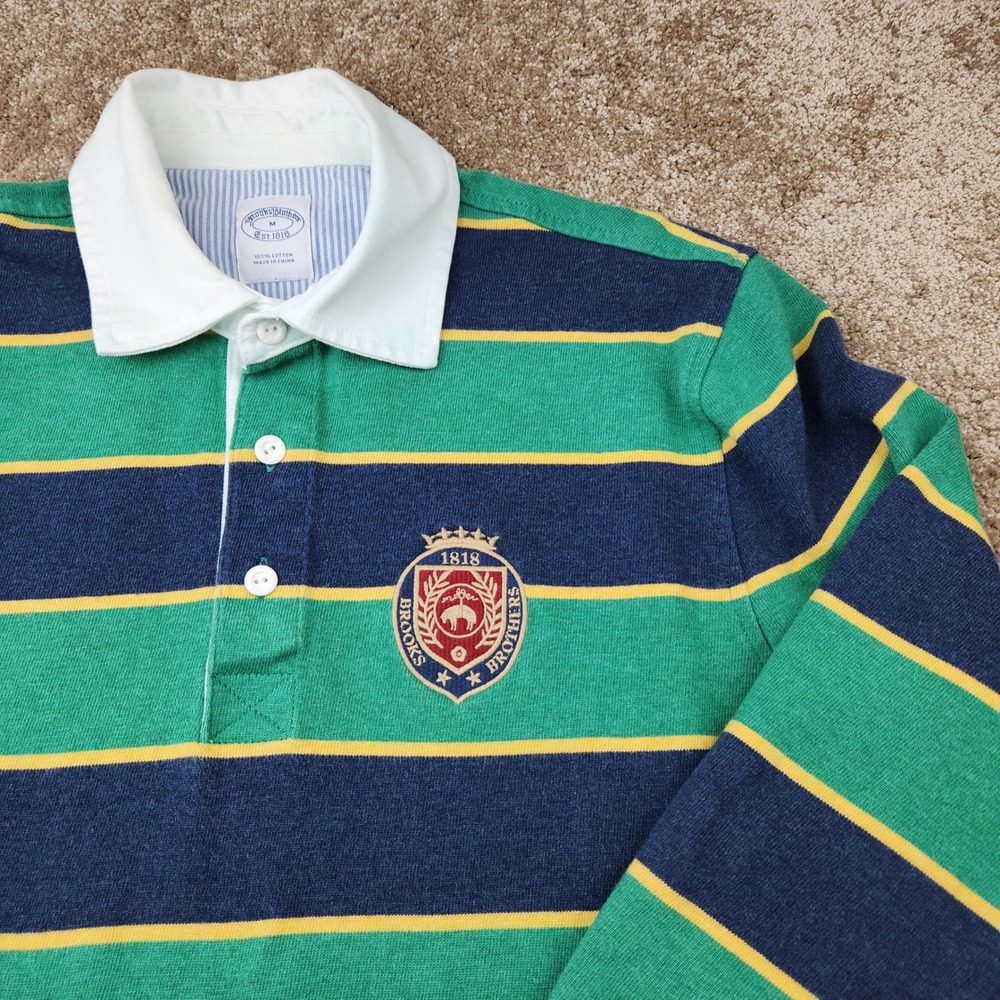 Brooks Brothers Mens Long Sleeve Striped Rugby Shirt Green Navy Crest Size M
